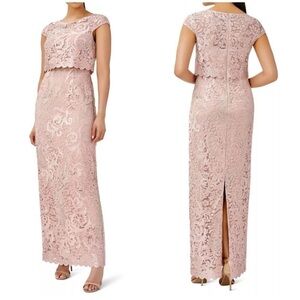 Adrianna Papell BNWT Embroidered Lace Long Pop Over Mob Column Gown Size 8.